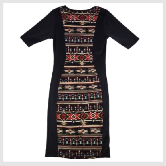Annabelle Short Sleeve Sheath Dress Size Medium Black Aztec Tribal Print Stretch - Picture 5 of 11